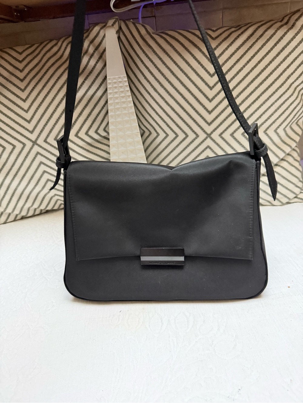 Frankie & Johnnie Vintage Black Nylon Shoulder Bag with Front Flap